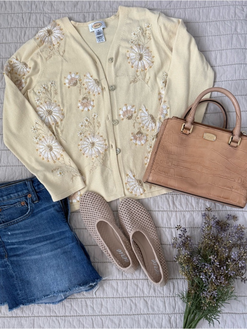 Vintage Talbots Butter Yellow Cream Embroidered Cardigan Sweater